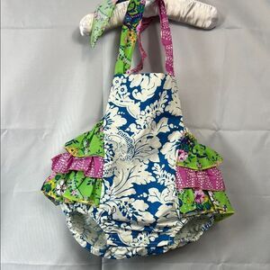 Purr Fect pink and blue multi pattern halter bubble romper size 6-6 months EUC